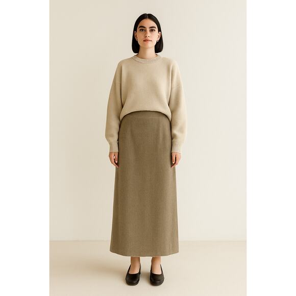 Nordstrom Corduroy Maxi Skirt Size L Tan Back Slit Neutral Grandma Lagenlook - Picture 1 of 14